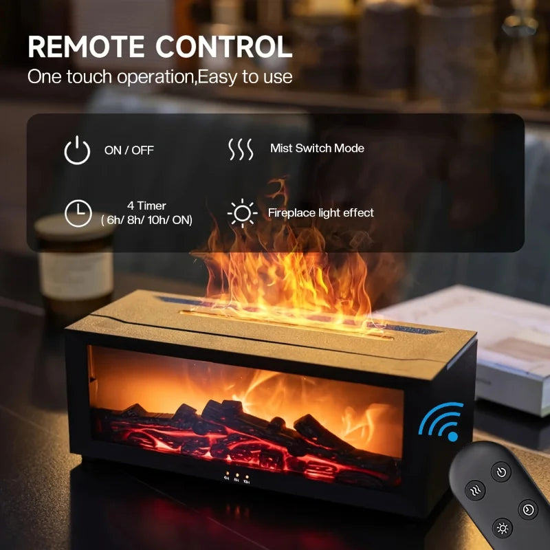 Fireplace Flame Cool Mist Humidifier with Remote, Timer, & 7-Color LED Lights | 9.47Oz Usb-Powered Diffuser with 2 Essential Oil