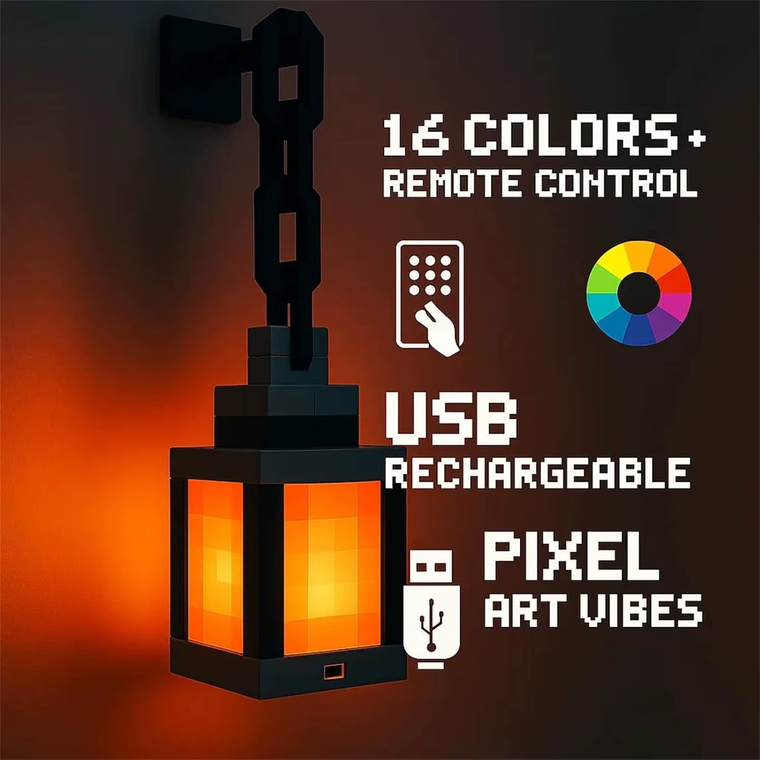 Pixelated Lantern Night Light 16-Color Led Wall Mood Night Light W Touch Switch&Remote Control-Rechargeable Costume Cosplay Lamp